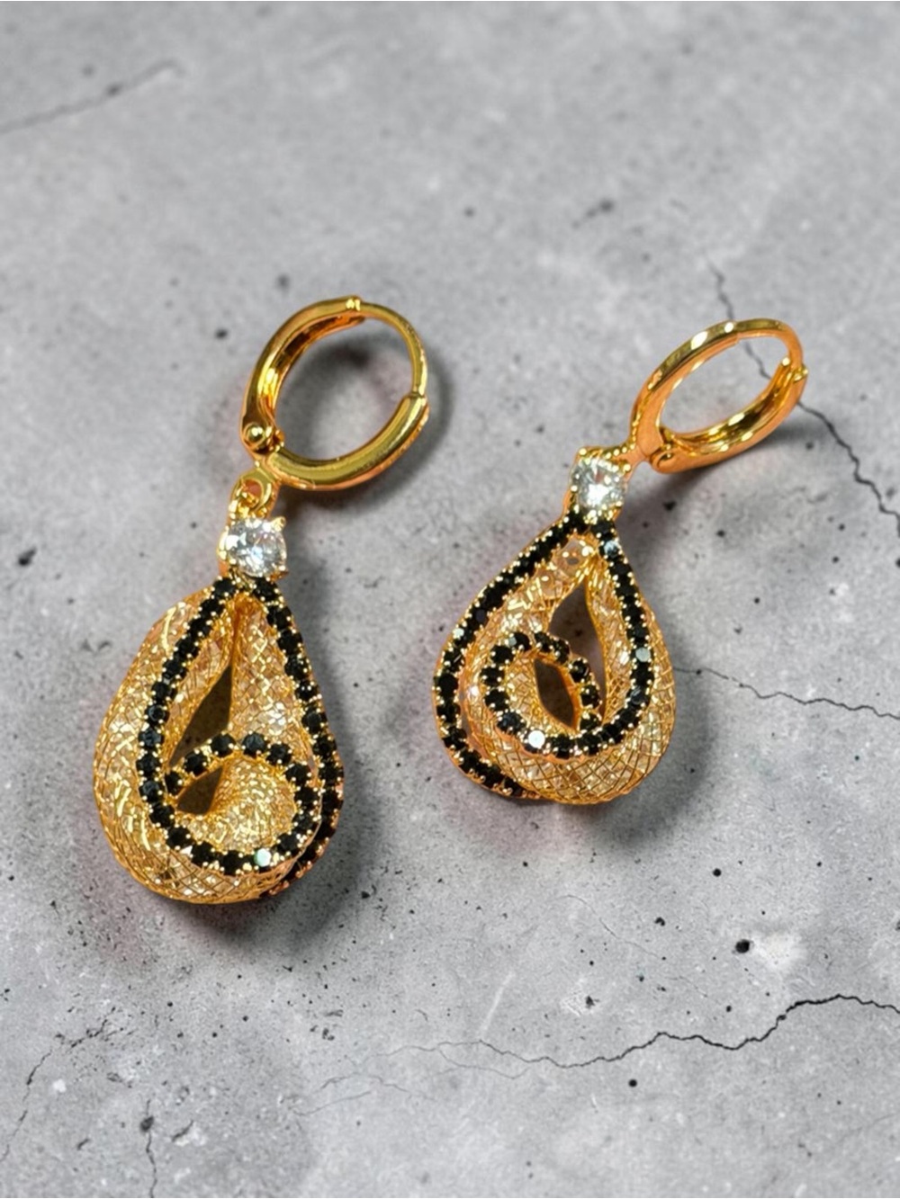 14k Gold Plated and Black Teardrop Dangle Earrings - Elegant Women's Jewelry